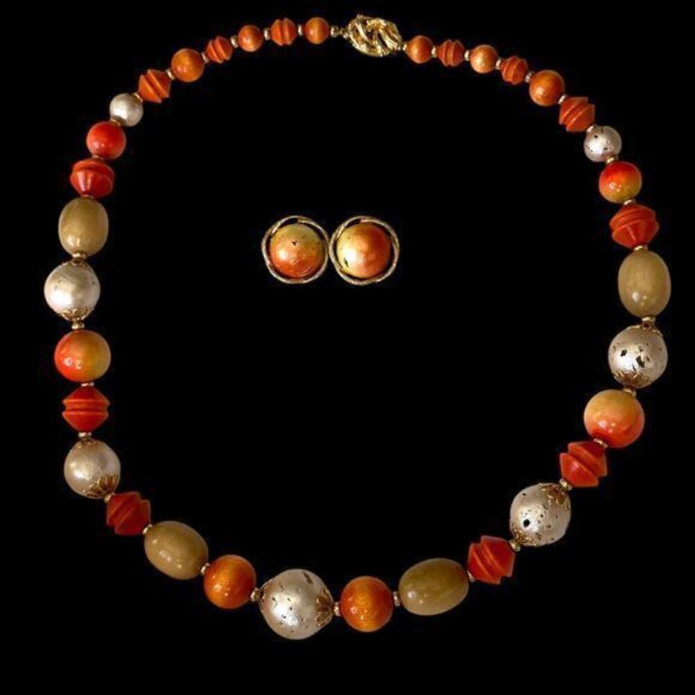 Vintage Mode-Art Signed Orange Bead Costume Necklace & Earrings Arthur Pepper